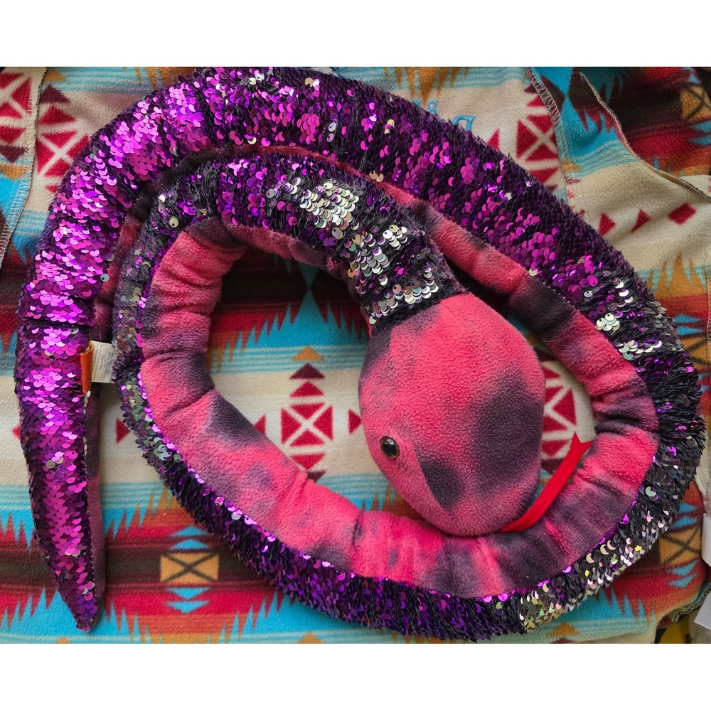 Adventure Planet Purple Reversible Sequin Snake Plush Pink Tie Dye Fleece 54 in